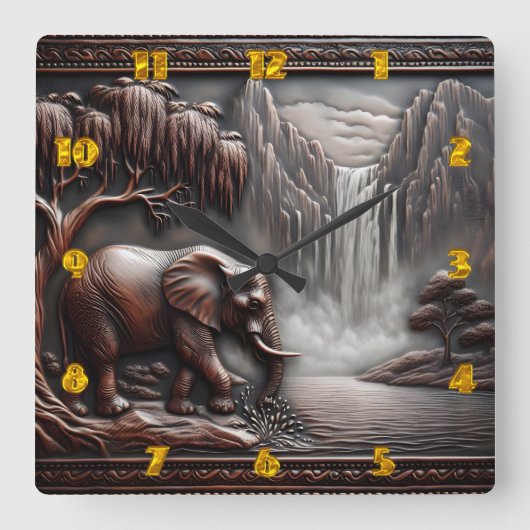 エレファントバイウォーターフォールドイン彫りレリーフ、 浮き彫り スクエア壁時計 (正面)
