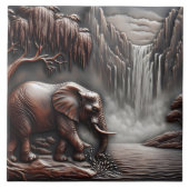 エレファントバイウォーターフォールドイン彫りレリーフ、 浮き彫り タイル (正面)