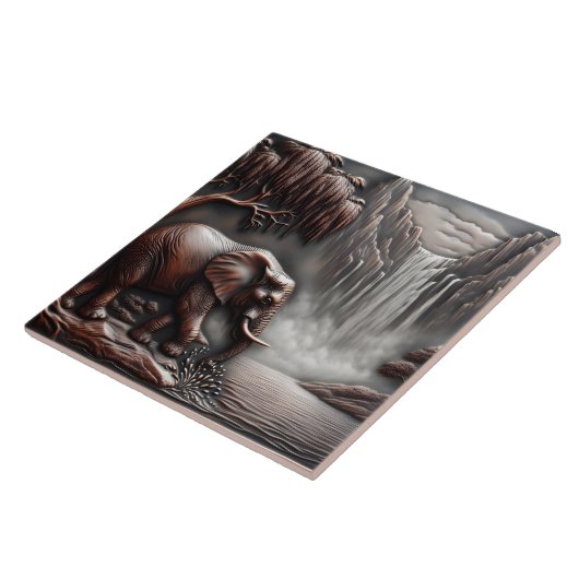 エレファントバイウォーターフォールドイン彫りレリーフ、 浮き彫り タイル (側面)