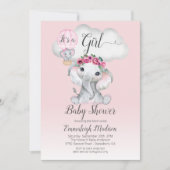 エレファントバルーンガールベビーシャワー |ピンクのバラ 招待状 (正面)