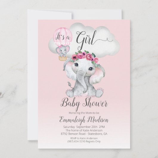 エレファントバルーンガールベビーシャワー |ピンクのバラ 招待状 (正面)