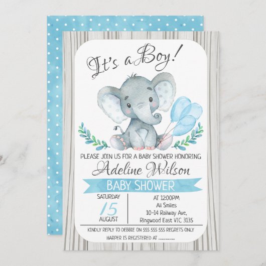 エレファントバルーン水彩ベビーシャワー招待状 招待状 (正面/裏面)