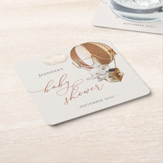 エレファントバルーン赤ちゃんシャワー スクエアペーパーコースター (アングル)