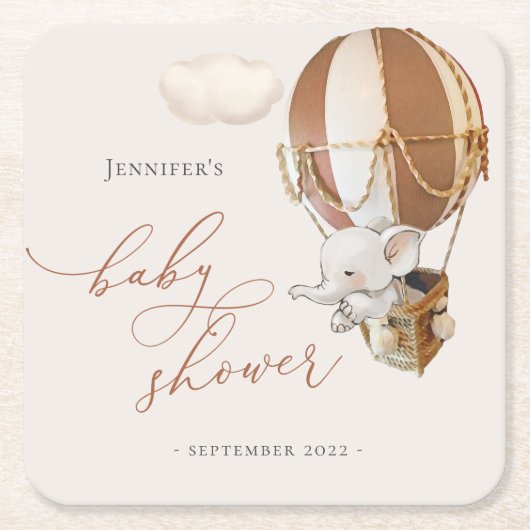 エレファントバルーン赤ちゃんシャワー スクエアペーパーコースター (正面)