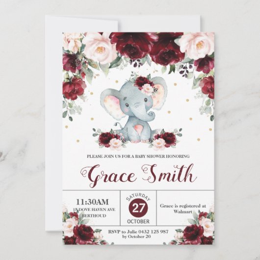 エレファントバーガンディ赤面フローラベビーシャワーガール 招待状 (正面)