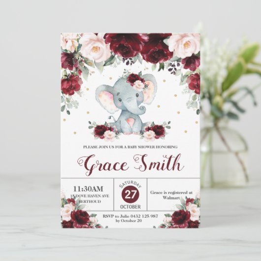 エレファントバーガンディ赤面フローラベビーシャワーガール 招待状 (スタンド正面)