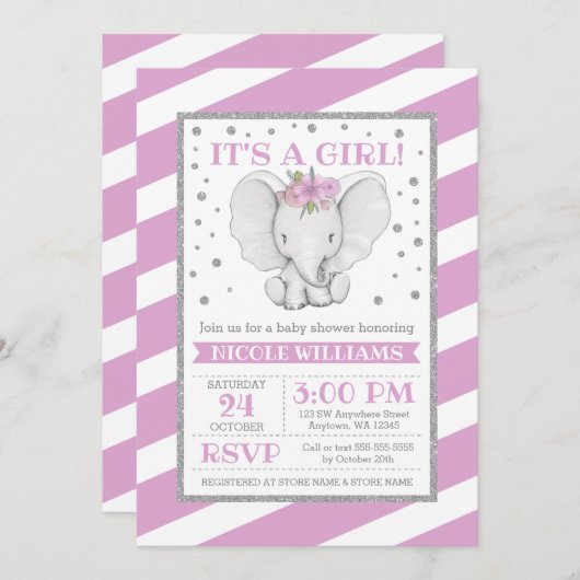 エレファントパープルストライプベビーシャワー招待状 招待状 (正面/裏面)