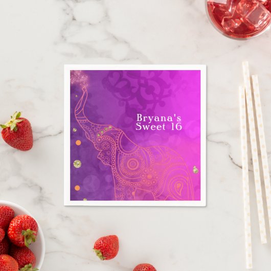 エレファントパープルピンクオレンジ&金ゴールドカスタムパーティー スタンダードカクテルナプキン (インサイチュ)