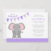 エレファントパープル水玉模様バナーガールベビーシャワー 招待状 (正面)