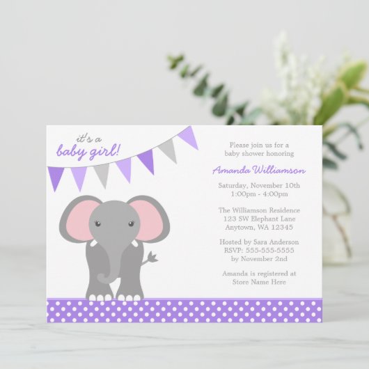 エレファントパープル水玉模様バナーガールベビーシャワー 招待状 (スタンド正面)