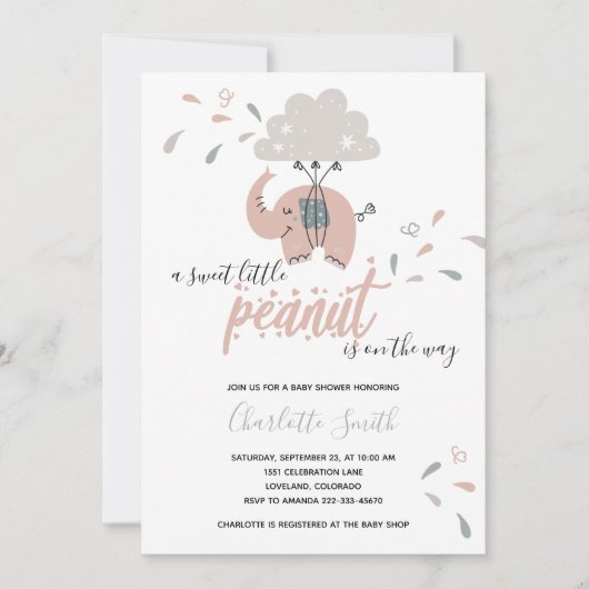 エレファントピンクかわいい女の子の赤ちゃんシャワー 招待状 (正面)