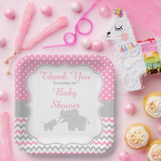 エレファントピンクとグレーのベビーシャワーパーティー ペーパープレート (パーティー)
