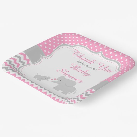 エレファントピンクとグレーのベビーシャワーパーティー ペーパープレート (傾斜あり)