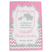 エレファントピンクとグレーの赤ちゃんシャワーありがとう ミディアムペーパーバッグ (正面)