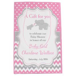 エレファントピンクとグレーの赤ちゃんシャワーありがとう ミディアムペーパーバッグ
