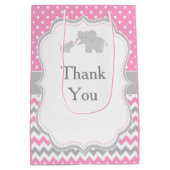 エレファントピンクとグレーの赤ちゃんシャワーありがとう ミディアムペーパーバッグ (裏面)