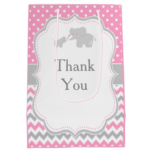 エレファントピンクとグレーの赤ちゃんシャワーありがとう ミディアムペーパーバッグ (裏面)