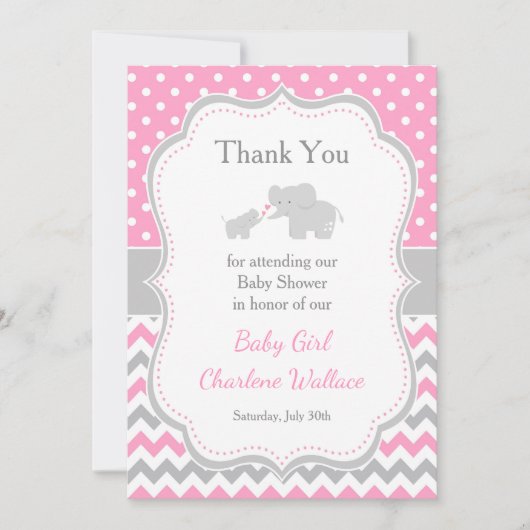 エレファントピンクとグレーの赤ちゃんシャワー サンキューカード (正面)