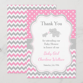 エレファントピンクとグレーの赤ちゃんシャワー サンキューカード