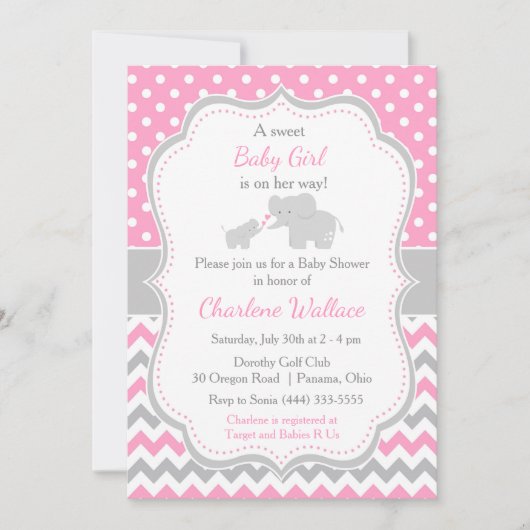エレファントピンクとグレーの赤ちゃんシャワー 招待状 (正面)