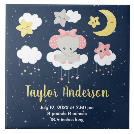 エレファントピンクとネイビーのベビー誕生統計 タイル (正面)