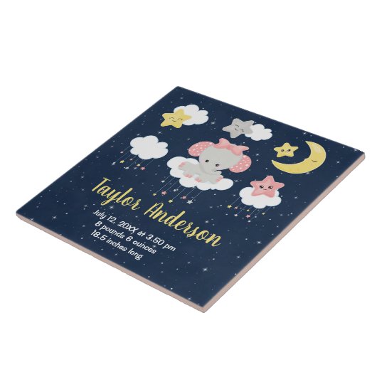 エレファントピンクとネイビーのベビー誕生統計 タイル (側面)