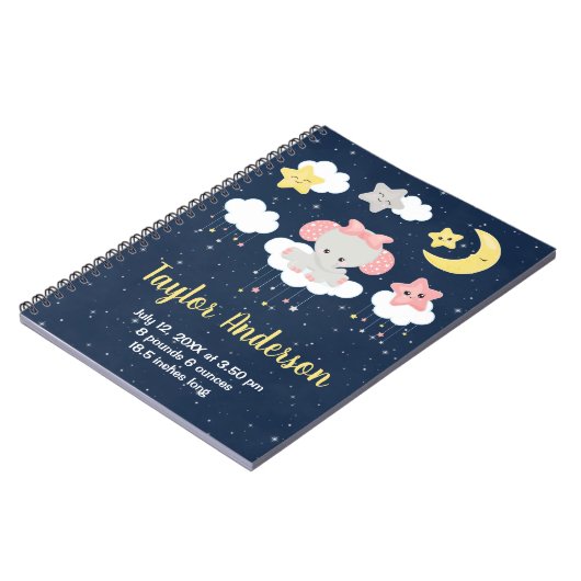 エレファントピンクとネイビーのベビー誕生統計 ノートブック (左側)