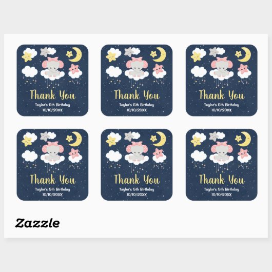 エレファントピンクとネイビーの誕生日パーティーありがとう スクエアシール (シート)