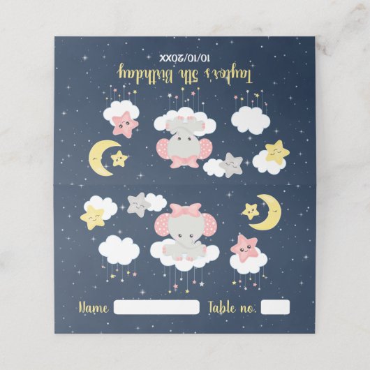エレファントピンクとネイビーの誕生日パーティーの座席 プレイスカード (外部開封)