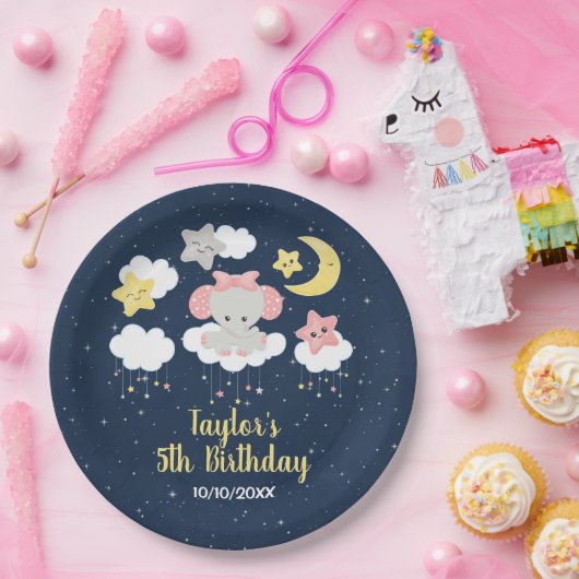 エレファントピンクとネイビーの誕生日パーティー ペーパープレート (パーティー)