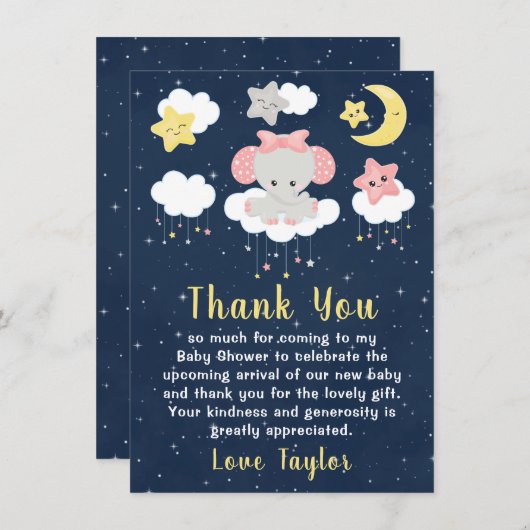 エレファントピンクとネイビーの赤ちゃんシャワー サンキューカード (正面/裏面)