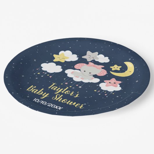 エレファントピンクとネイビーの赤ちゃんシャワー ペーパープレート (アングル)
