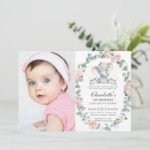 エレファントピンクのフローラ緑1歳の誕生日の写真 招待状 (スタンド正面)