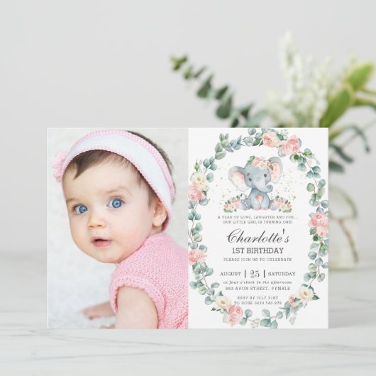 エレファントピンクのフローラ緑1歳の誕生日の写真 招待状 (スタンド正面)