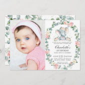 エレファントピンクのフローラ緑1歳の誕生日の写真 招待状 (正面/裏面)