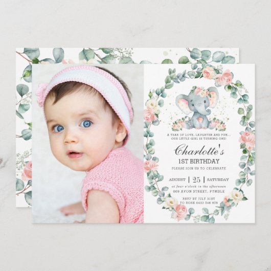 エレファントピンクのフローラ緑1歳の誕生日の写真 招待状 (正面/裏面)