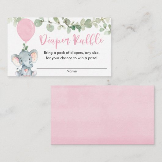 エレファントピンクの緑の女の子シャワーおむつラッフル エンクロージャーカード (正面/裏面)