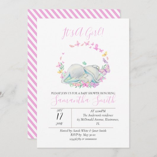 エレファントピンクの赤ちゃんシャワー蝶 招待状 (正面/裏面)
