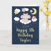 エレファントピンクアンドネイビーハッピーバースデー カード (黄色い花)