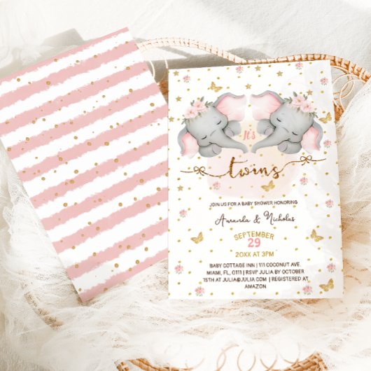 エレファントピンクツインガールズベビーシャワー 招待状