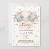 エレファントピンクツインガールズベビーシャワー 招待状 (正面)