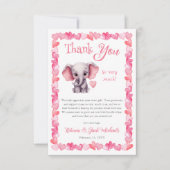 エレファントピンクハートガールベビーシャワー サンキューカード (正面)