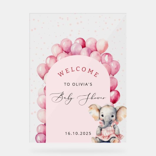 エレファントピンクバルーンガールベビーシャワーへようこそ アクリルサイン (正面)