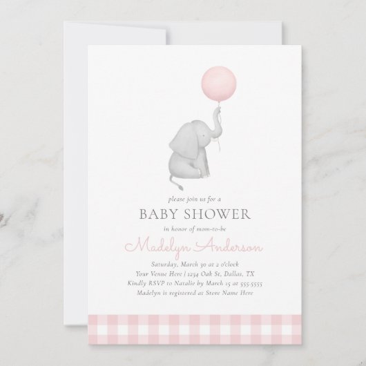 エレファントピンクバルーンガールベビーシャワー 招待状 (正面)