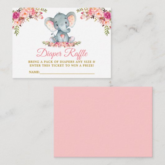 エレファントピンクフローラおむつラッフルシャワー金ゴールド エンクロージャーカード (正面/裏面)