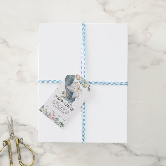 エレファントピンクフローラシャワーおむつラッフルカード ギフトタグ (より糸付き)