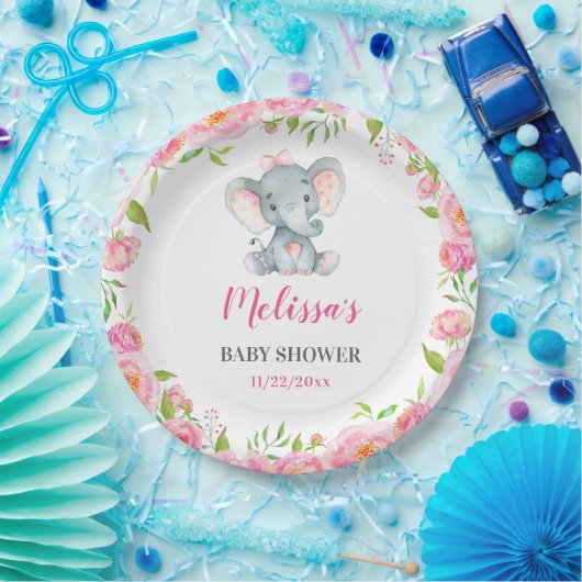 エレファントピンクフローラベビーガールシャワー散水 ペーパープレート (パーティー)