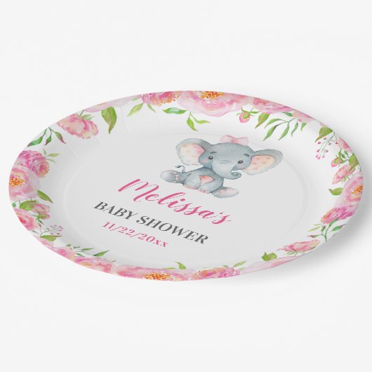 エレファントピンクフローラベビーガールシャワー散水 ペーパープレート (アングル)