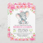 エレファントピンクフローラベビーガールシャワー散水 招待状 (正面/裏面)