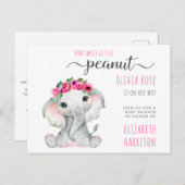 エレファントピンクフローラベビーガールシャワー インビテーションポストカード (正面/裏面)